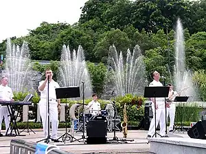 The band performing for visitors on the platform of the Sentosa Musical Fountain.