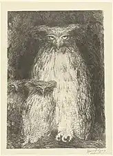 Owl with Two Chicks Sitting on Branch (1893), lithograph, 34.5 x 25 cm.