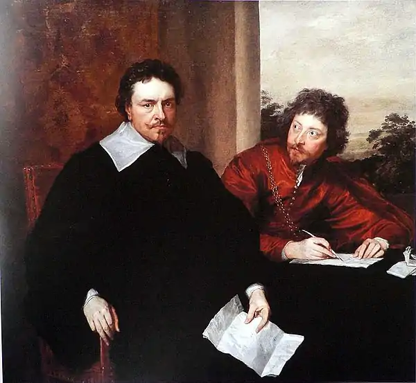 A painted portrait of a man with short dark hair and a moustache of a lighter colour with a mouche on the lower lip. He wears a dark jacket and a wide flat band collar with rectangular points.