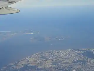 View of the Xiamen (Amoy) and Lesser Kinmen (Lieyu) from the air including Binlang Islet