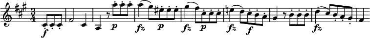 { \relative cis' { \key fis \minor \time 3/4
\partial 4. cis8-. \f cis-. cis-. | fis2 cis4 | a4 r8 a''8-. \p a-. a-. |
a4( \fz gis8) eis-. \p eis-. eis-. | gis4( \fz fis8) cis-. \p cis-. cis-. |
e!4( \fz d8) cis-. \f b-. a-. | gis4 r8 b-. b-. b-. | d4( \fz cis8) b-. a-. gis-. | fis4}}