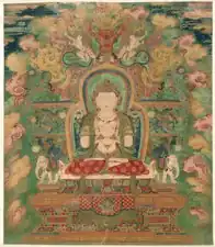 Manjushri Ming Dynasty, China thangka (c 1500–50), surrounded by malachite green.